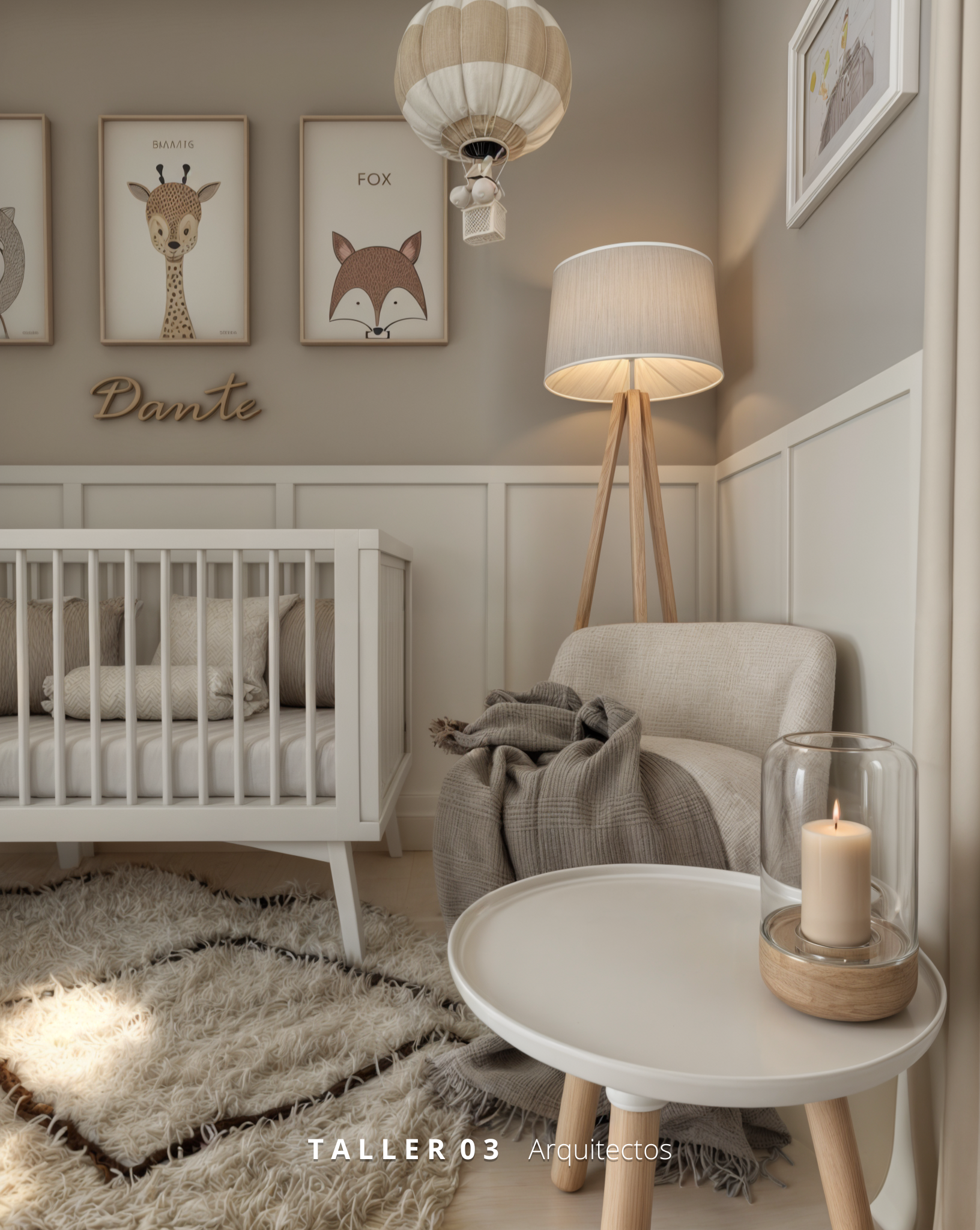 Diseño de habitación para bebé por Taller 03 Arquitectos, combinando colores neutros, mobiliario a medida y elementos naturales.
