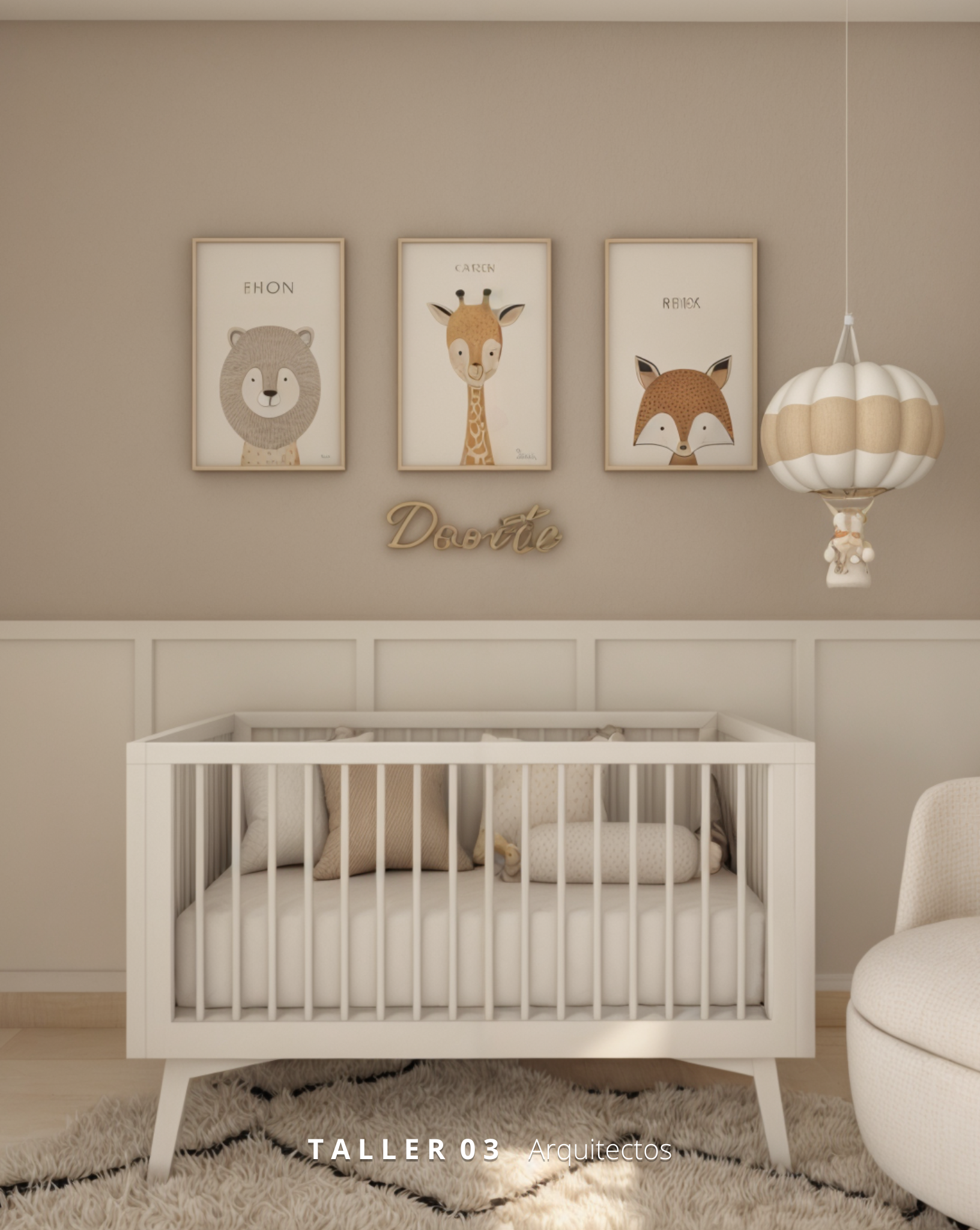 Diseño de habitación para bebé por Taller 03 Arquitectos, combinando colores neutros, mobiliario a medida y elementos naturales.