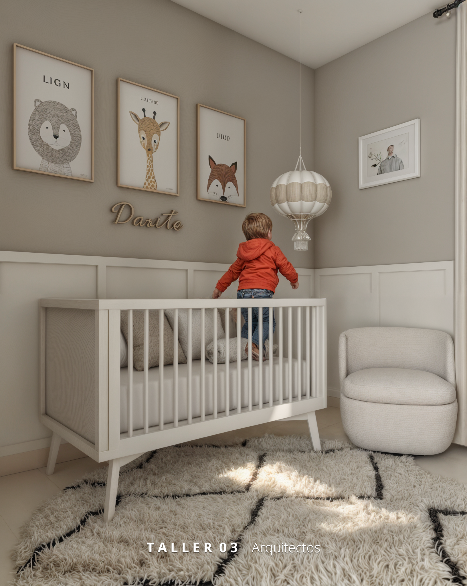 Diseño de habitación para bebé por Taller 03 Arquitectos, combinando colores neutros, mobiliario a medida y elementos naturales.
