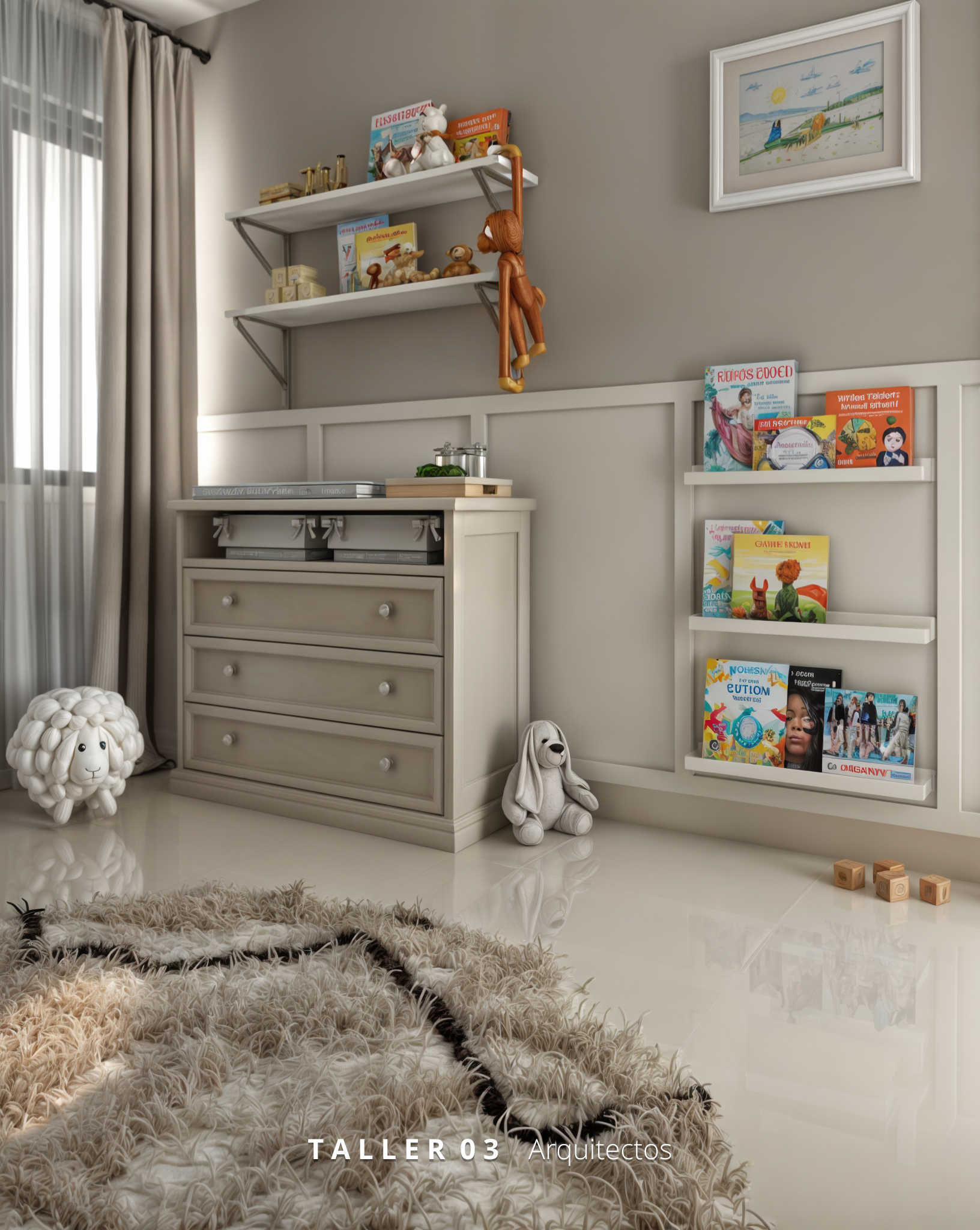 Diseño de habitación para bebé por Taller 03 Arquitectos, combinando colores neutros, mobiliario a medida y elementos naturales.