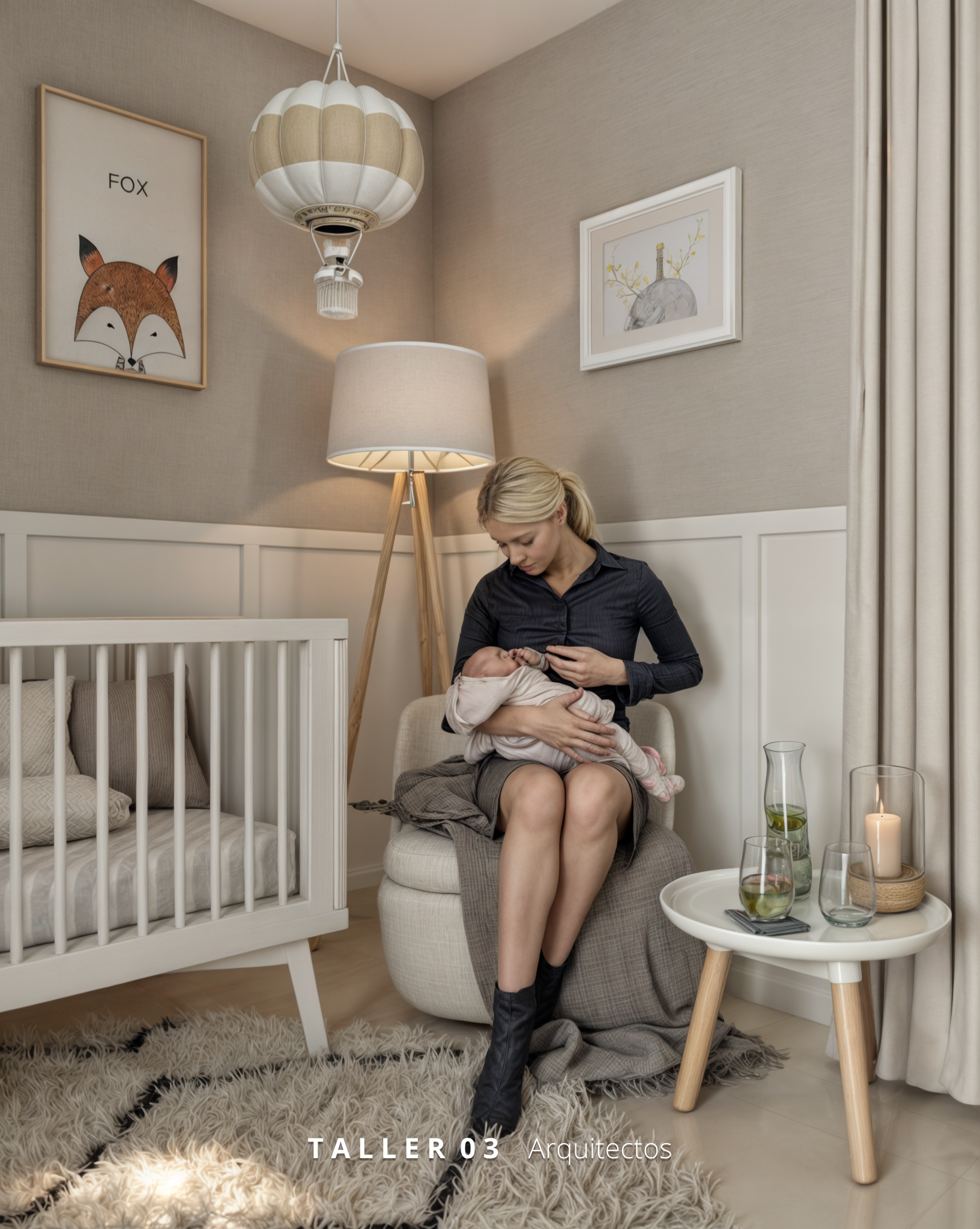 Diseño de habitación para bebé por Taller 03 Arquitectos, combinando colores neutros, mobiliario a medida y elementos naturales.