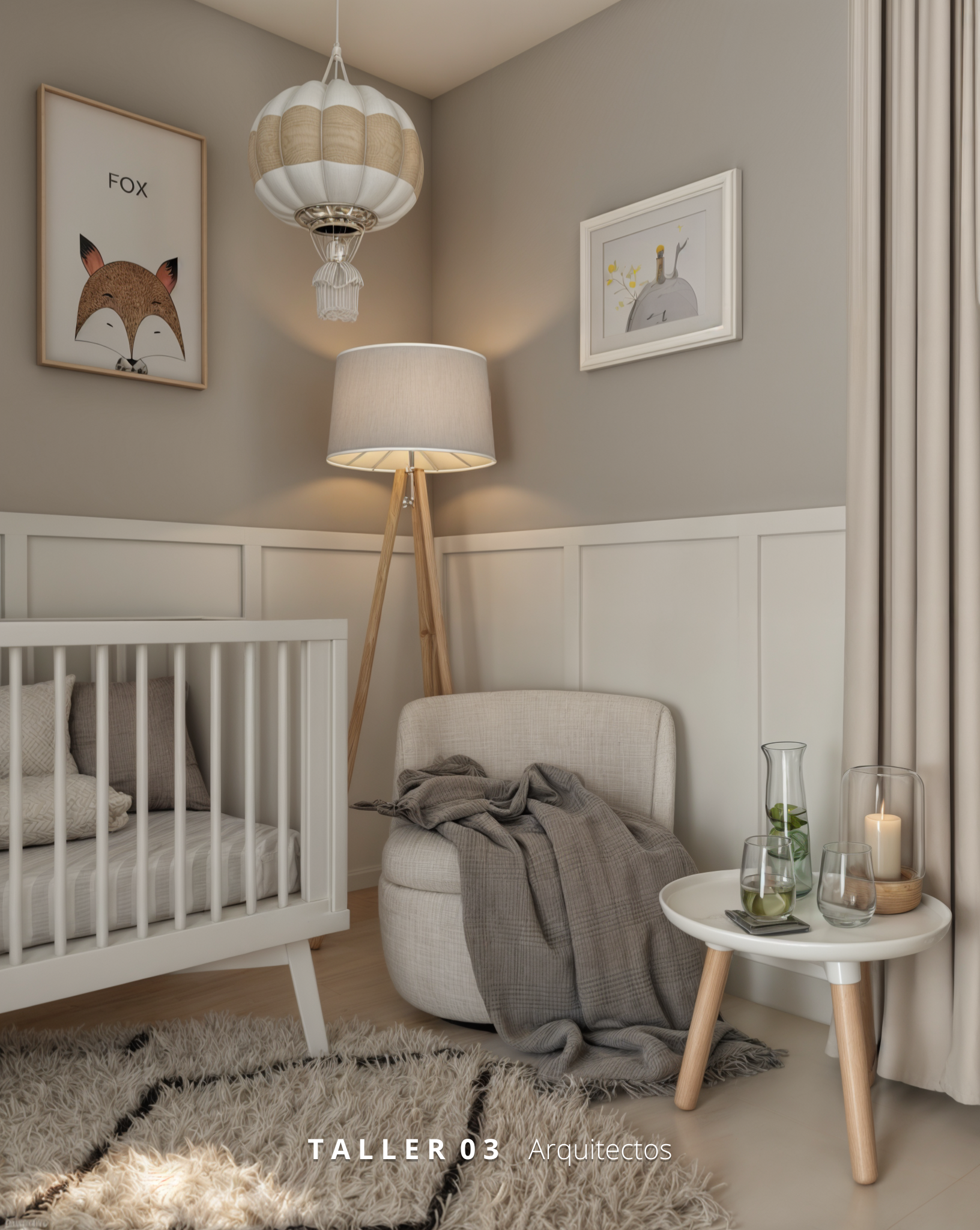 Diseño de habitación para bebé por Taller 03 Arquitectos, combinando colores neutros, mobiliario a medida y elementos naturales.