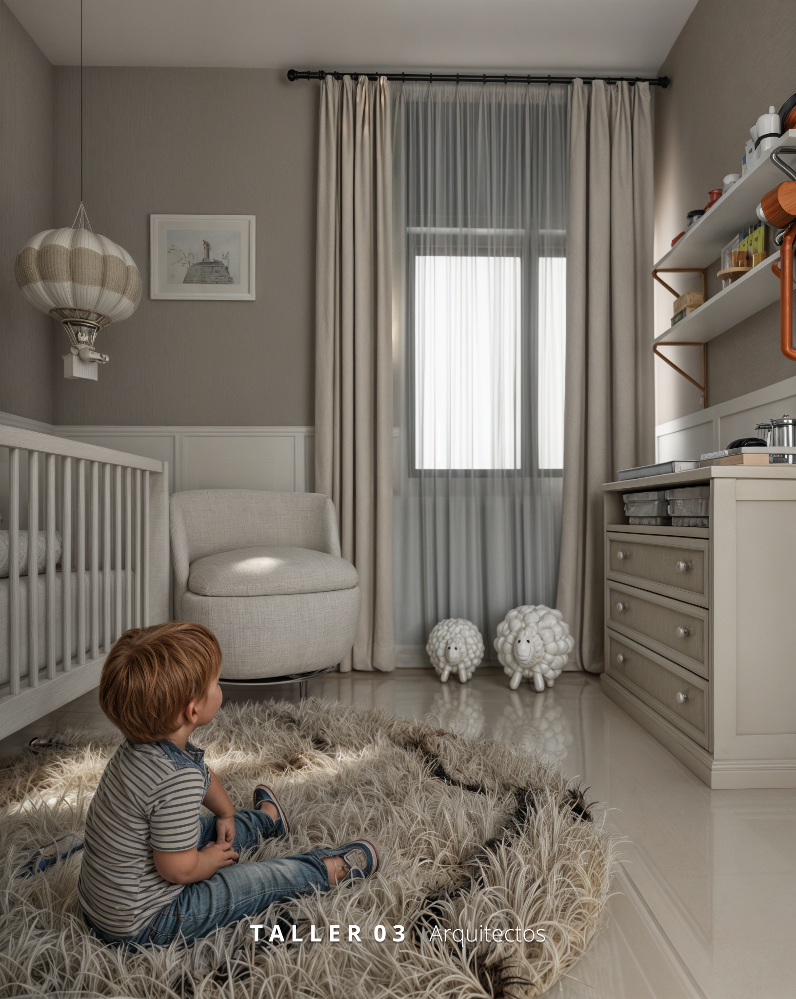 Diseño de habitación para bebé por Taller 03 Arquitectos, combinando colores neutros, mobiliario a medida y elementos naturales.